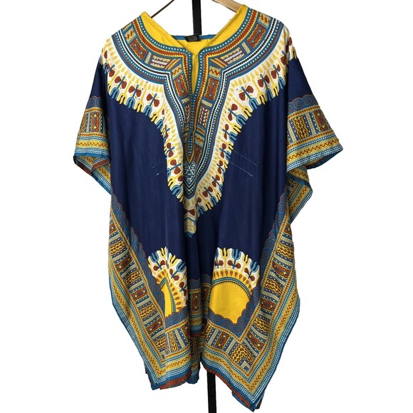 Kimono Cover Up Beach Pool Kaftan Mamta Blue Yellow Batik Caftan Plus Size Dress - Picture 1 of 4